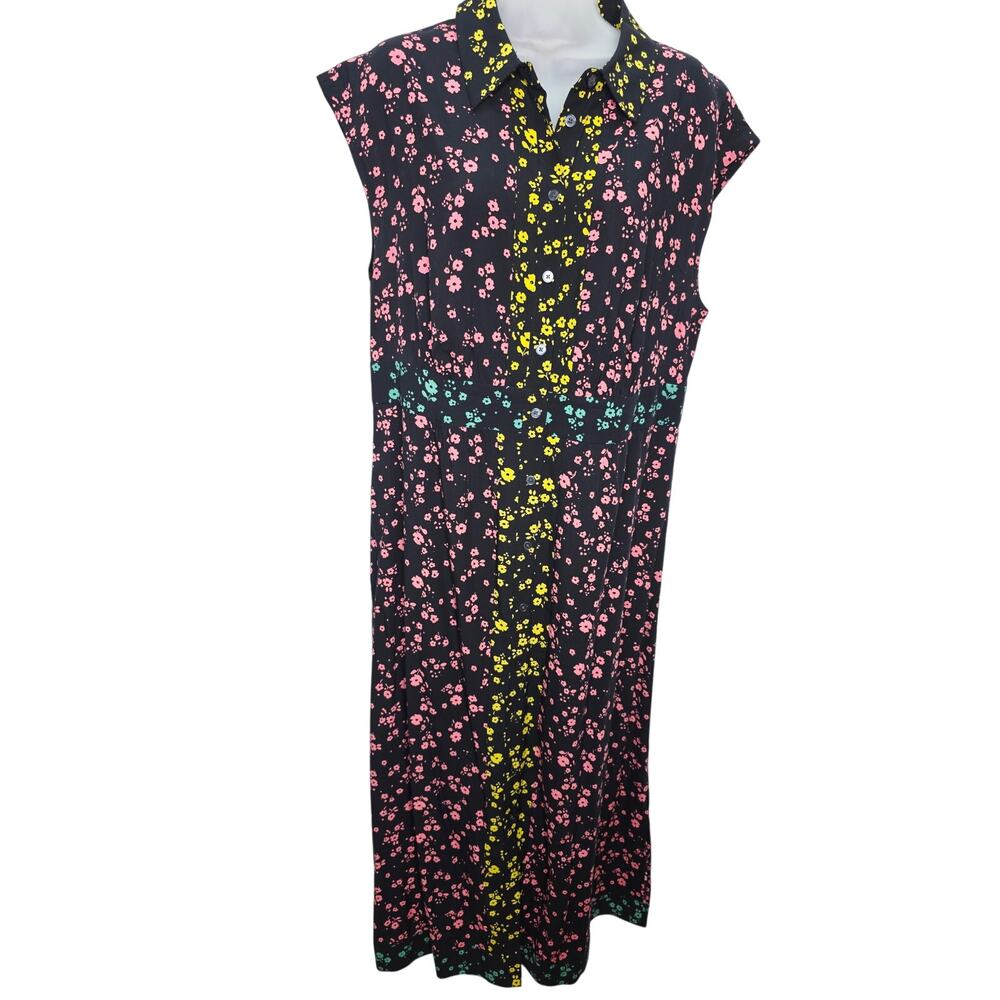 Boden Floral Button Front Midi Dress Womens 10R Black Pink Yellow Viscose Pocket